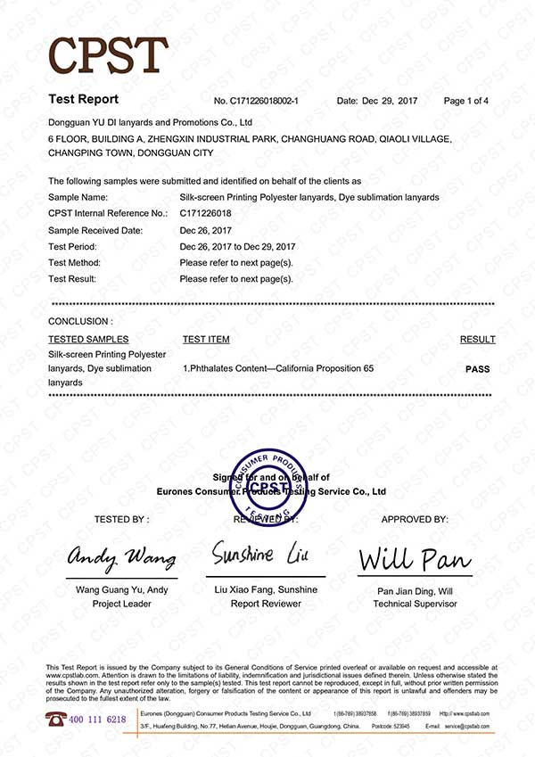 Califomia Proposition 65 Test report